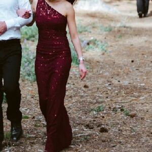 One-Shoulder Ruched Sequin Lace Mermaid Dress Style DS270016, Merlot, 0